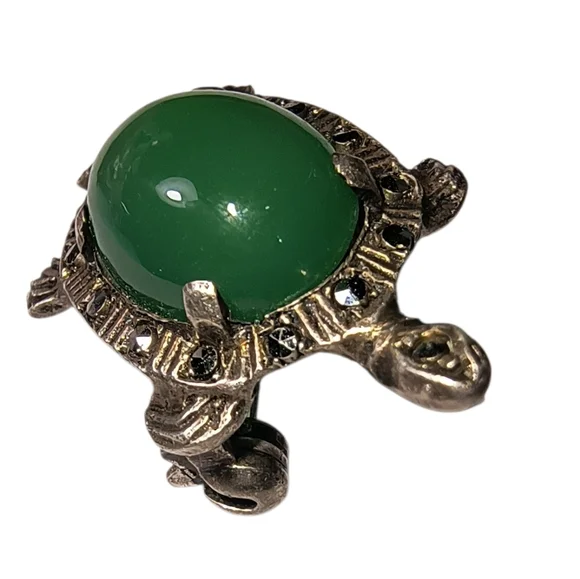 Vintage Germany Turtle Brooch In Sterling Silver With Green Glass And Marcasite - Picture 2 of 10